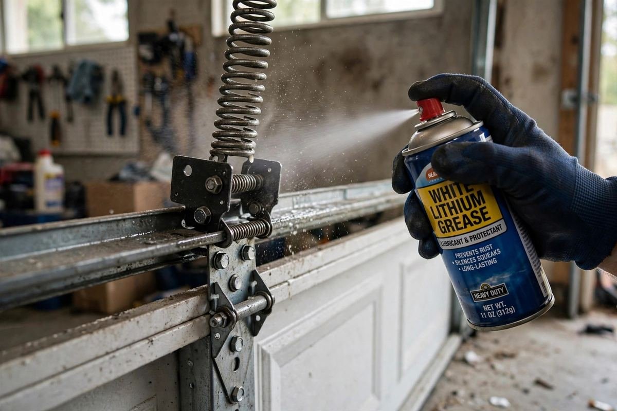 Technician performing garage door maintenance in Coppell TX