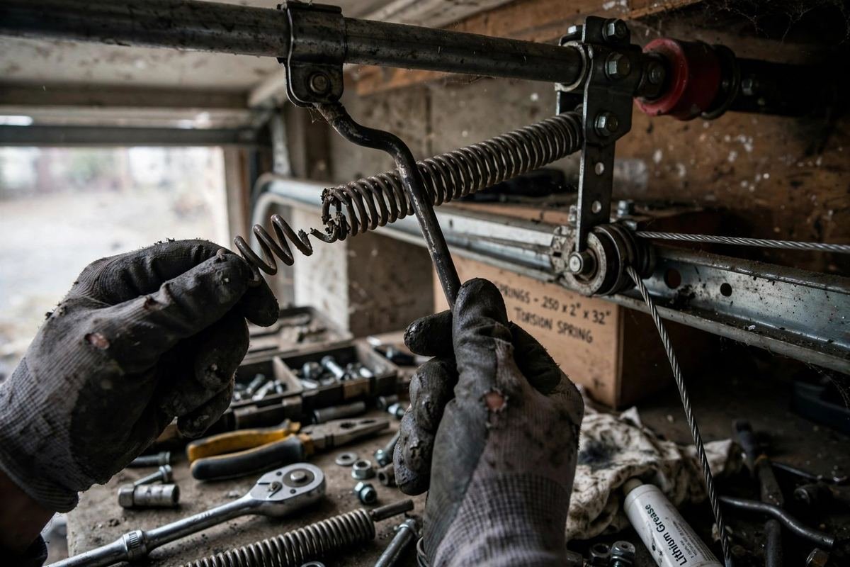 Torsion spring replacement in progress